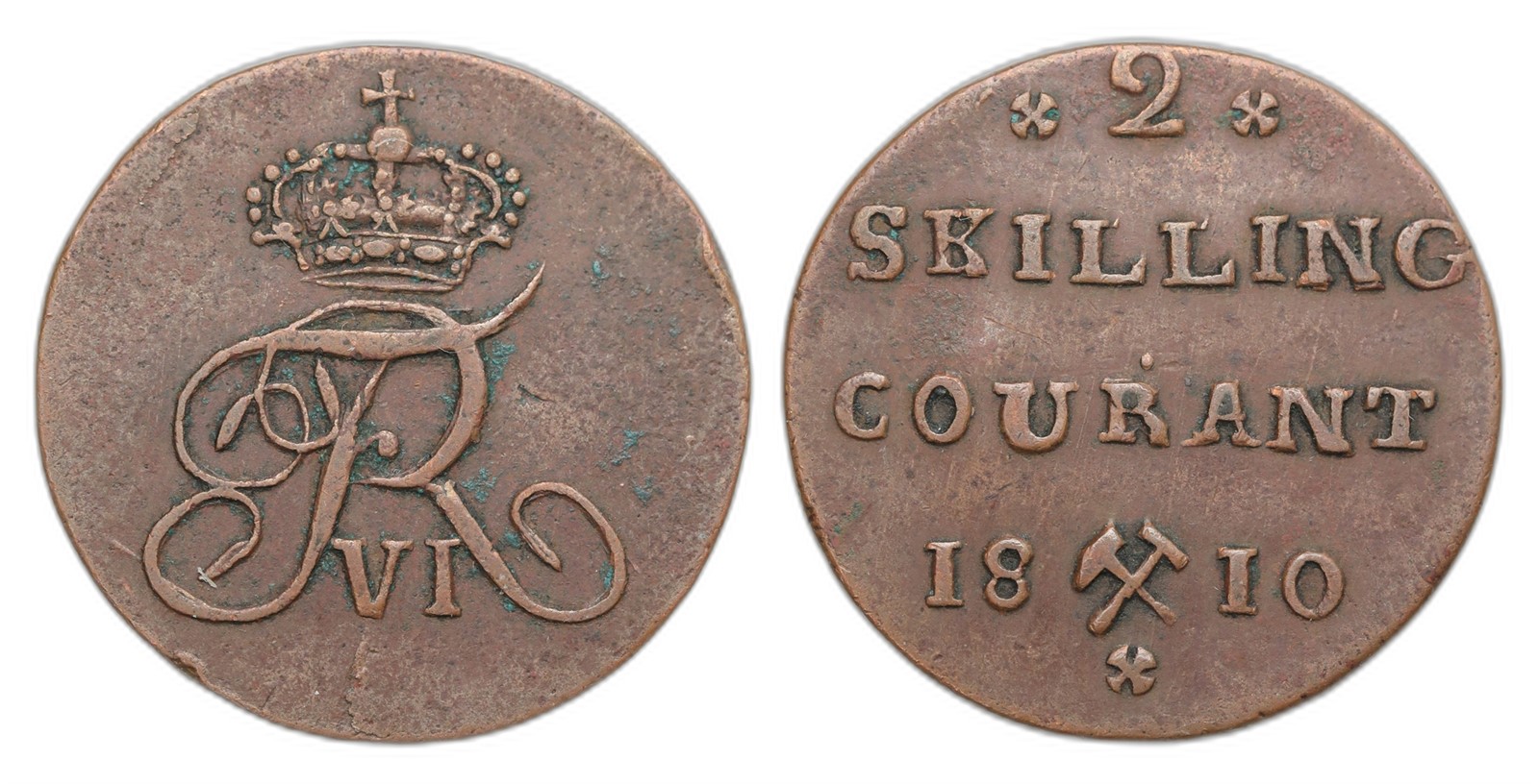 Norway. Frederik VI. 2 Skilling 1810-Kryss. Kv 1+.