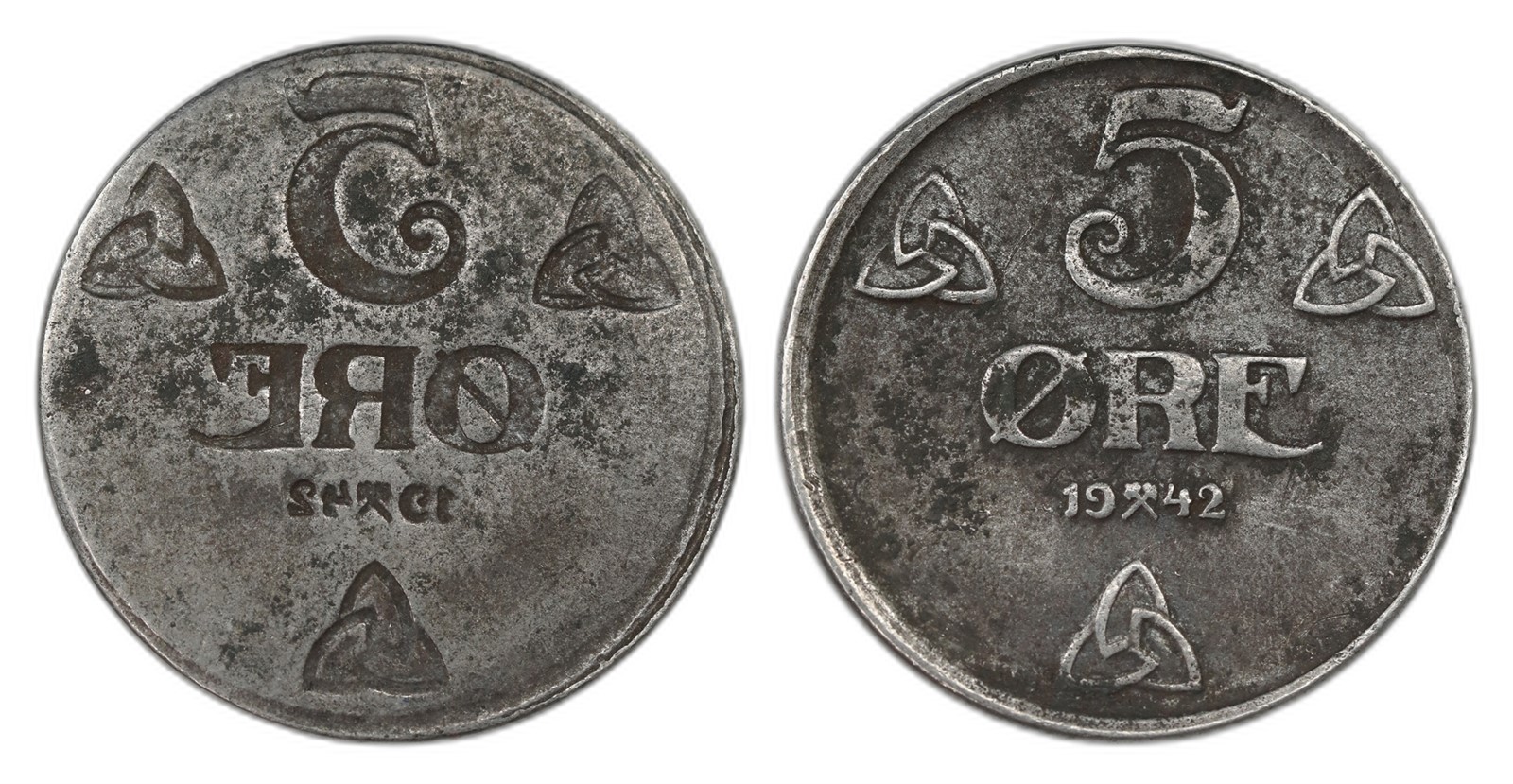 Norway. Occupation. 5 Øre 1942 Full brockage. Kv 1+.