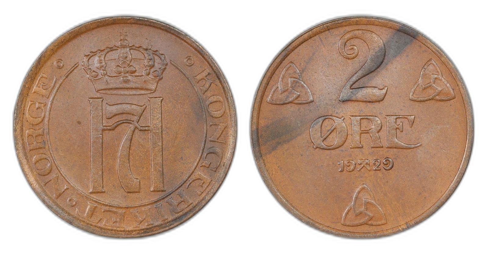 Norway. Haakon VII. 2 Øre 1929. Kv 0.