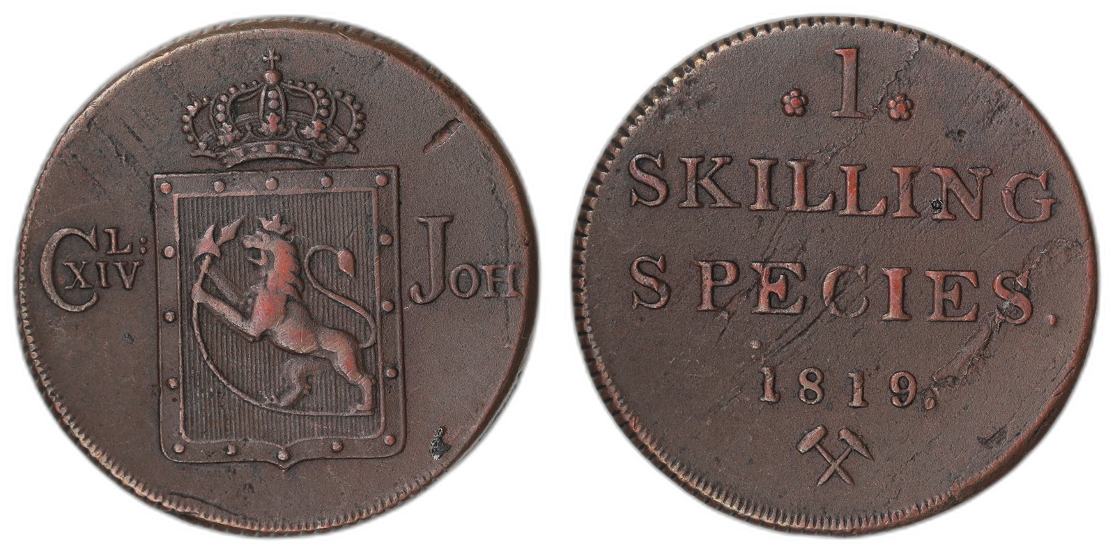 NORWAY. Carl XIV Johan. 1 Skilling 1819. Kv 1+ (XF).
