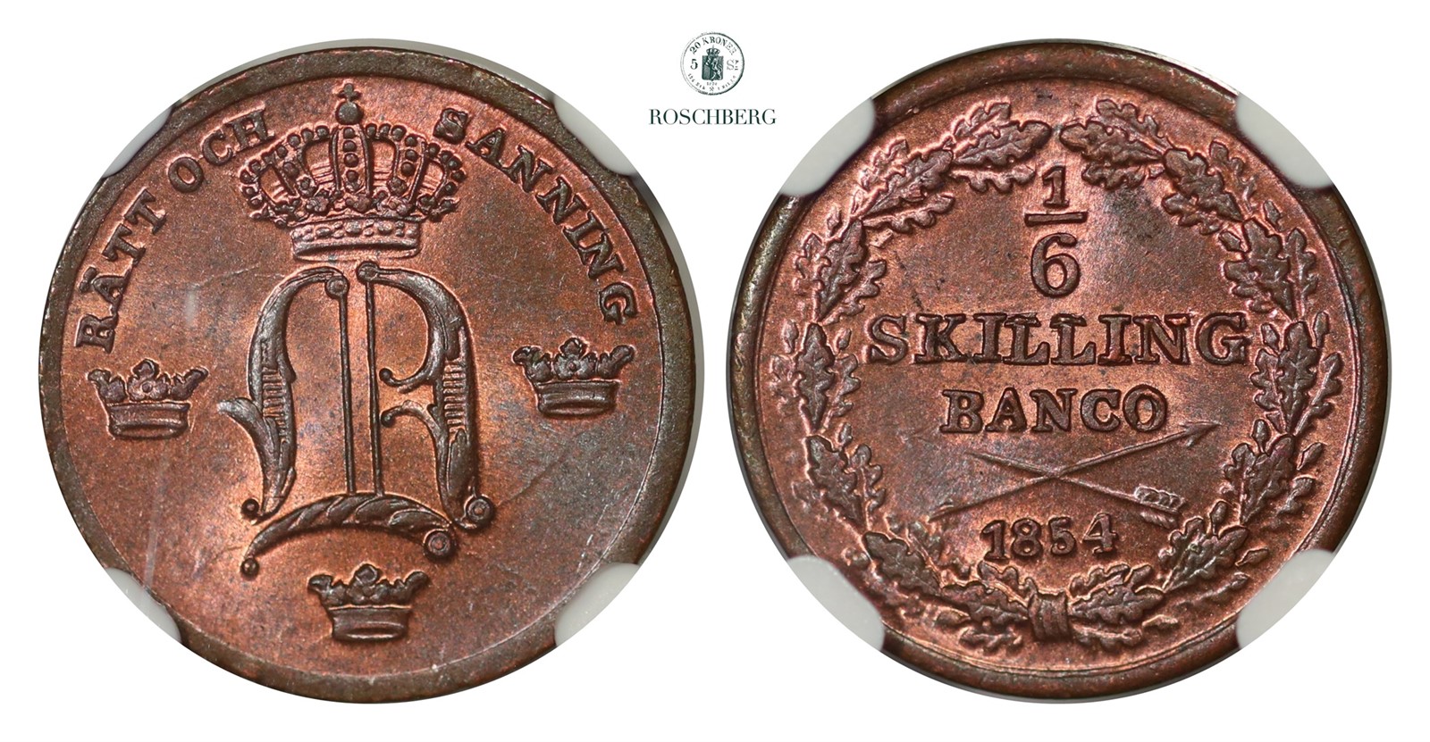 SWEDEN. 1/6 Skilling 1854 NGC MS64RB