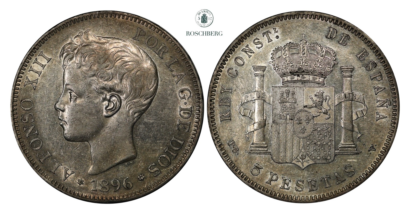 SPAIN. 5 Pesetas 1896-SG V AU