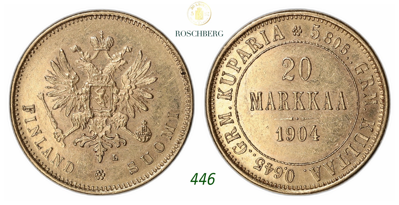FINLAND. Nikolai II. 20 Markkaa Gold 1904-L.