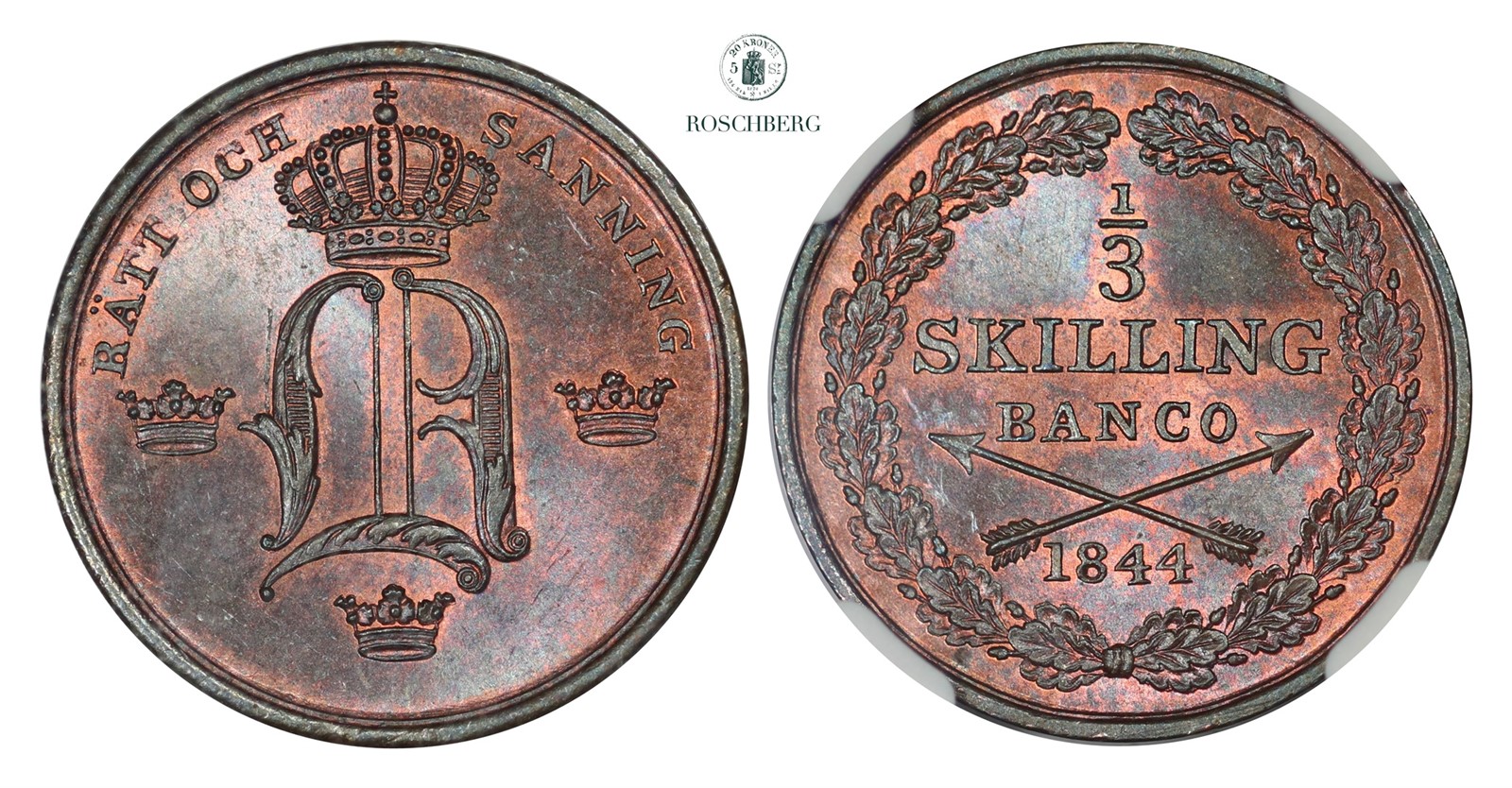 SWEDEN. 1/3 Skilling 1844 NGC MS64BN