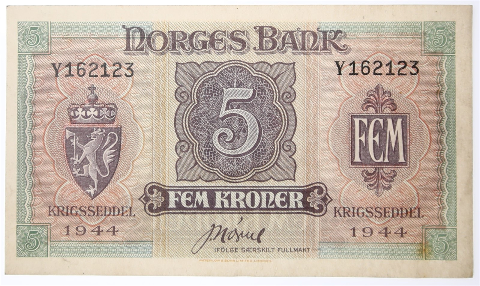 NORWAY. Type London. 5 Kroner 1944-Y. Kv 01 (AU).