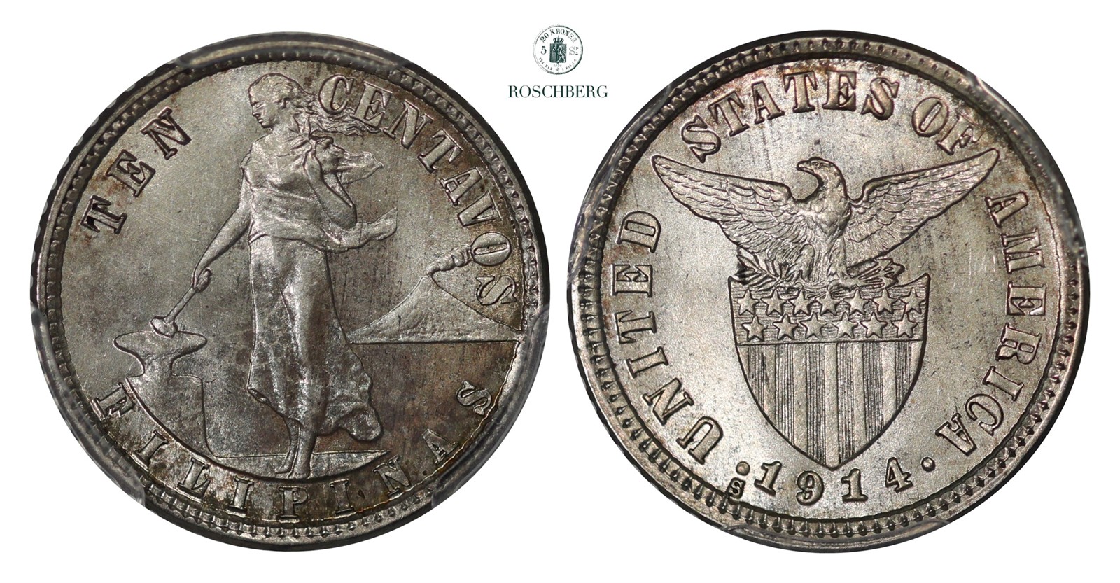 PHILIPPINES, USA. 10 Centavos 1914-S MS65 TOP POP