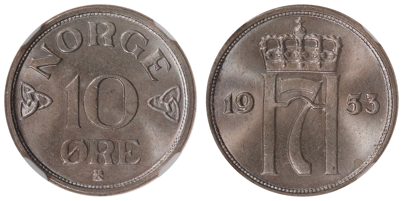 NORWAY. Haakon VII. 10 Øre. 1953. NGC MS65.