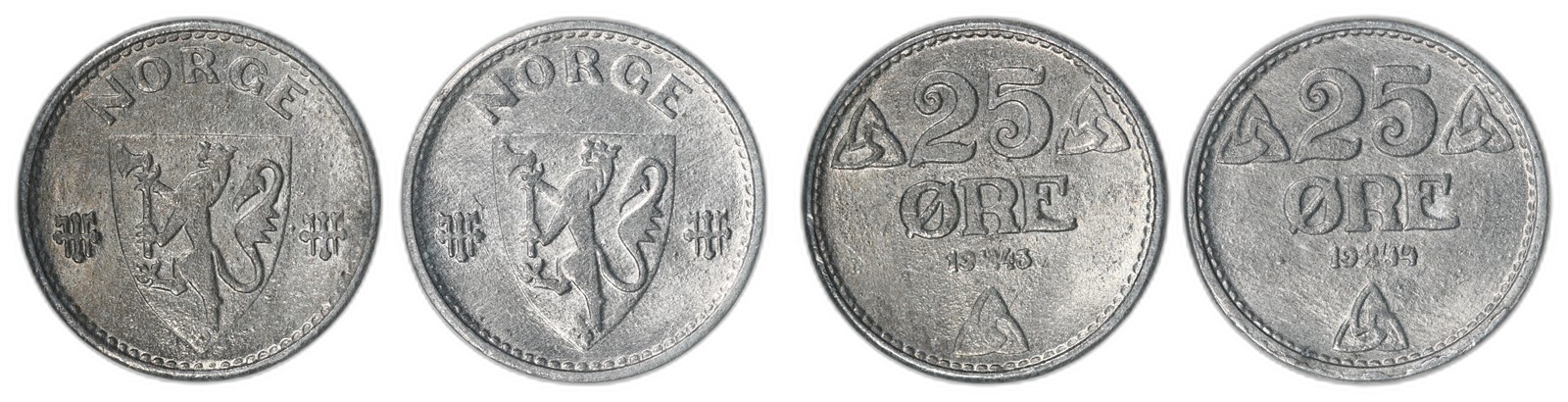 NORWAY. Haakon VII. 25 Øre. 1943  & 1944. Kv 0 (UNC).