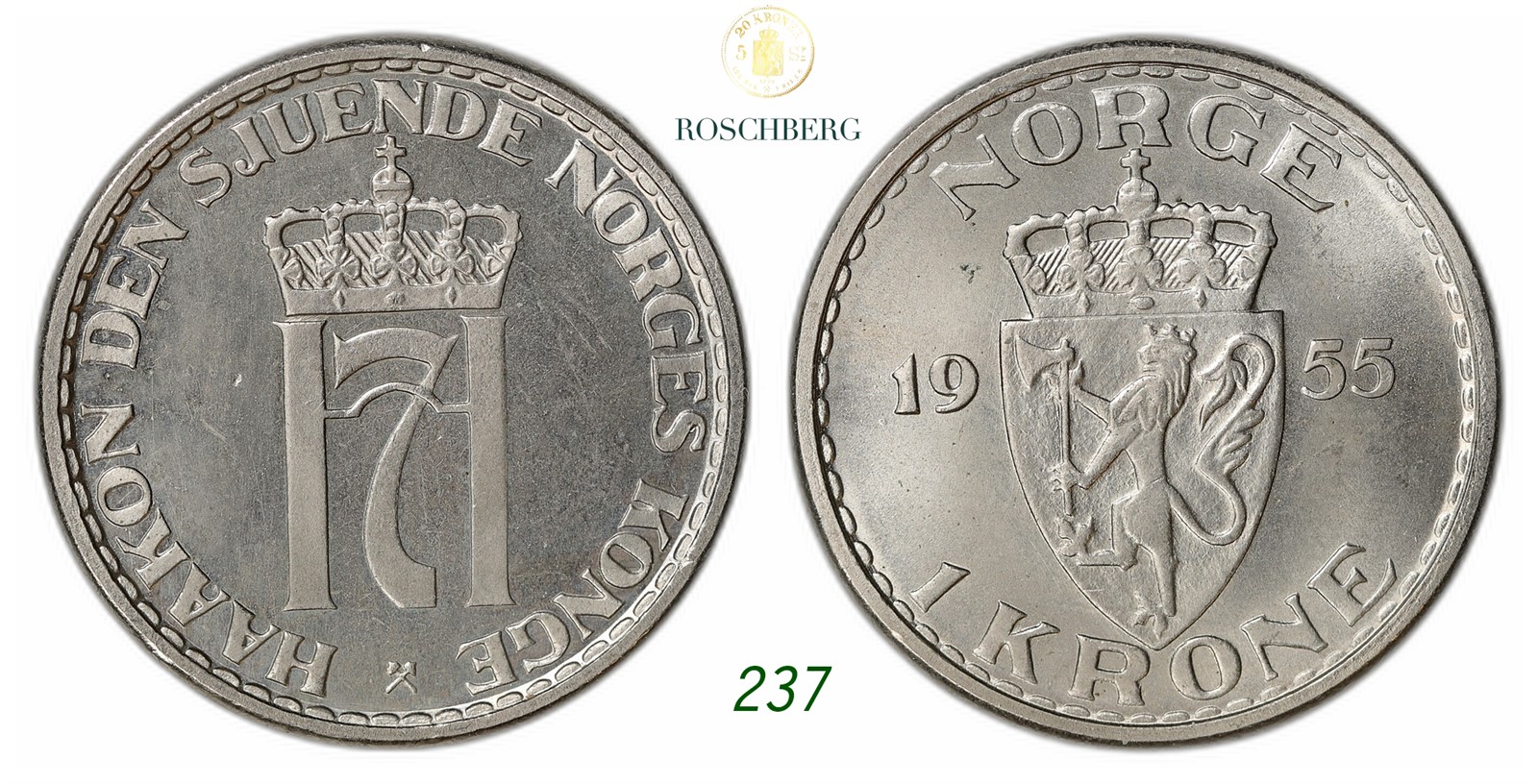 NORWAY. Haakon VII. 1 Krone 1955.