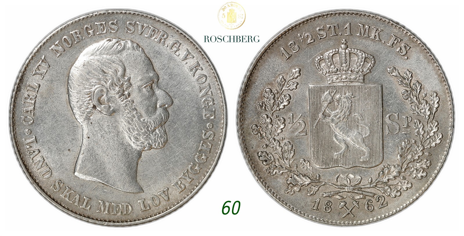 NORWAY. Carl XV. 1/2 Speciedaler 1862.