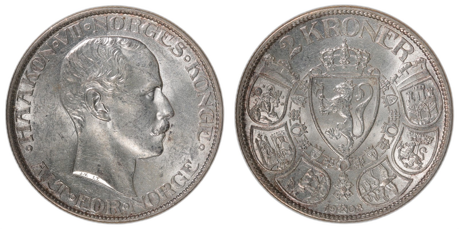 NORWAY. Haakon VII. 2 Kroner 1908. Kv 0/01 (UNC).