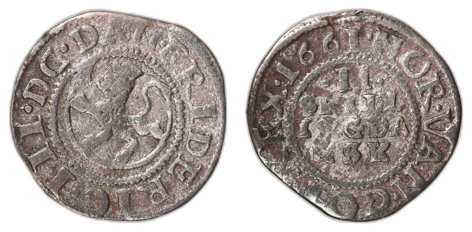 NORWAY. Frederik III. 2 Skilling. 1661. Kv 1 (VF).