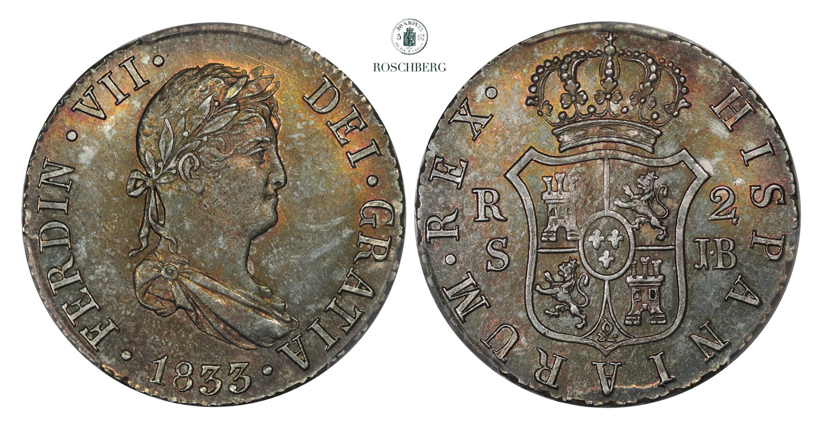 SPAIN. 2 Reales 1833-S JB PCGS MS65 TOP POP