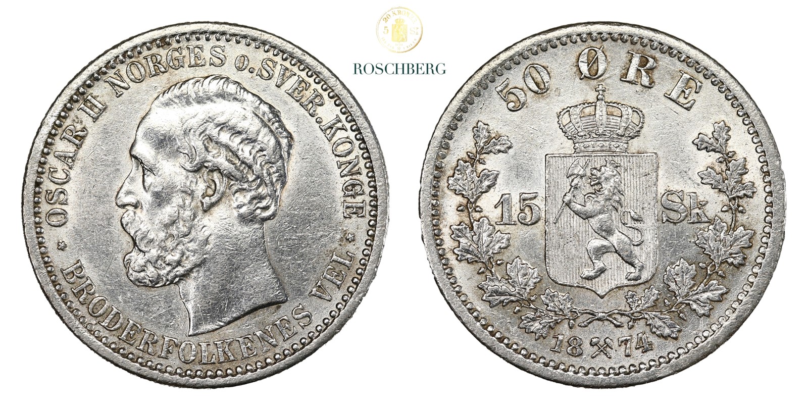 Norge 50 Øre/ 15 Sk. 1874 Kv 01