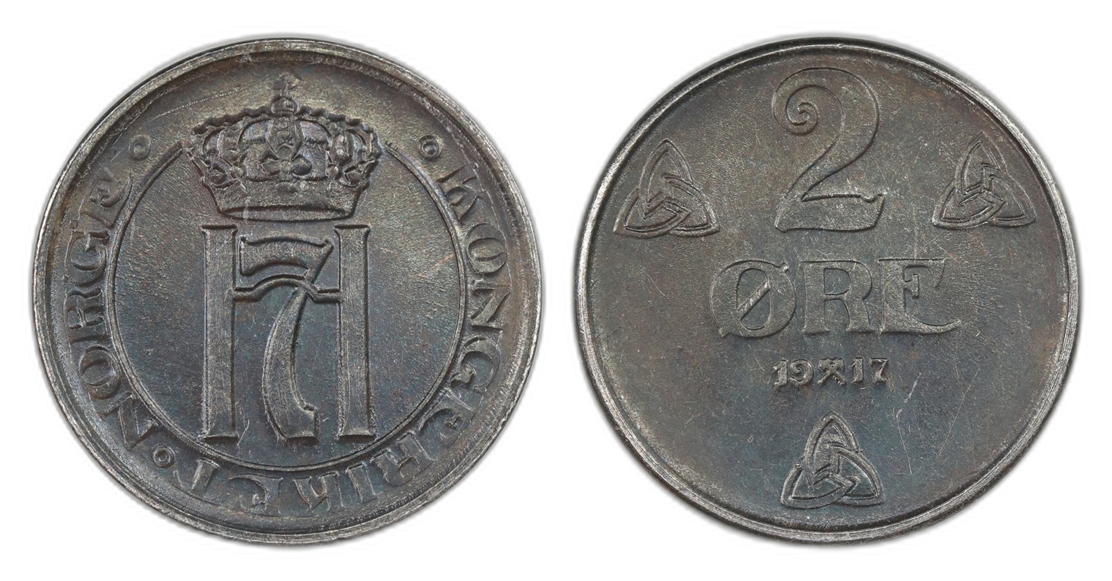 Norway. Haakon VII. 2 Øre 1917- Dobbelt strek. Kv 0.