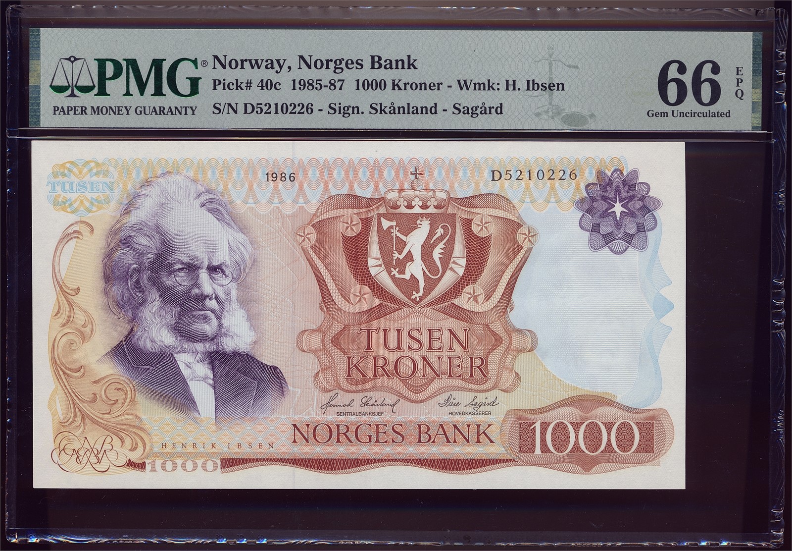 1000 Kroner 1986-D. PMG 66EPQ.