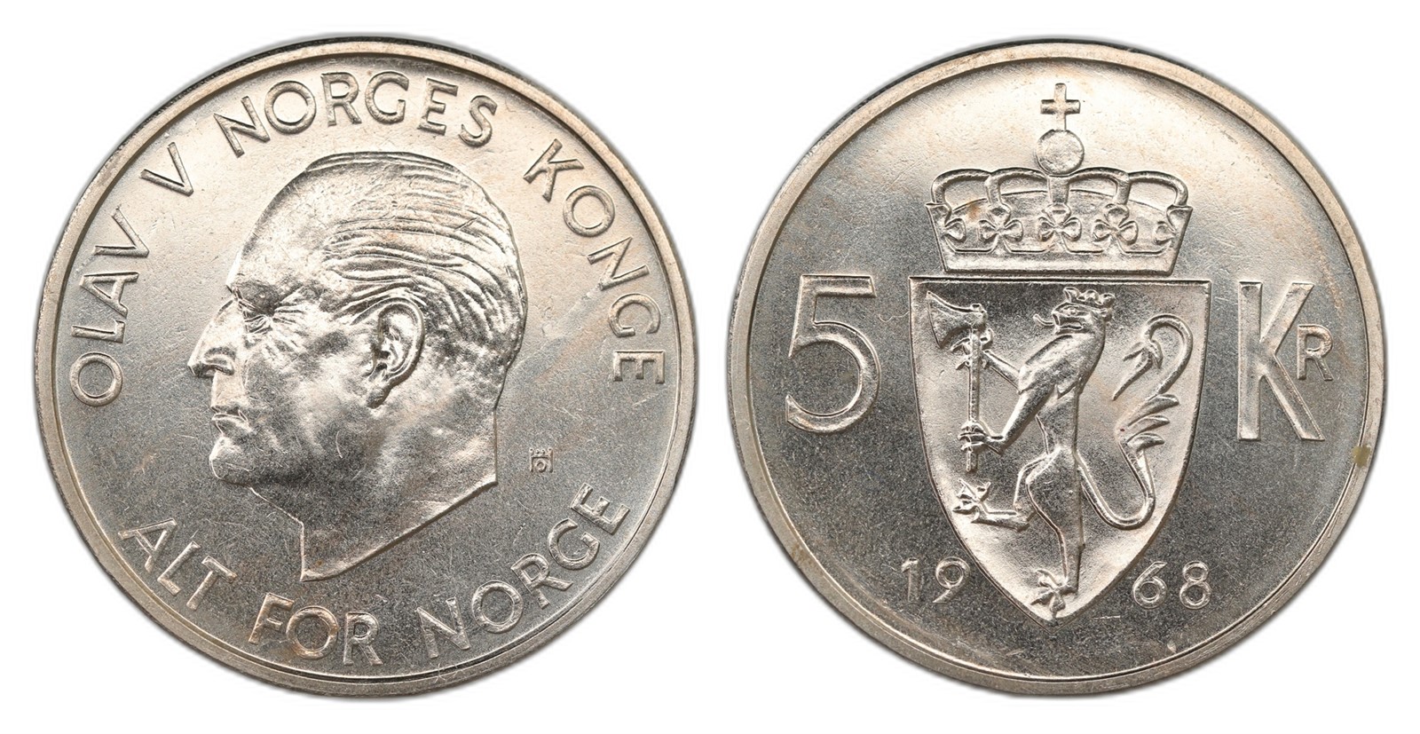 Norway. Olav V. 5 Kroner 1968. Kv PRAKTEX.