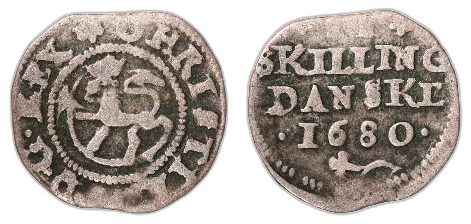 NORWAY. Christian V. 2 Skilling. 1680. Kv 1/1- (F).