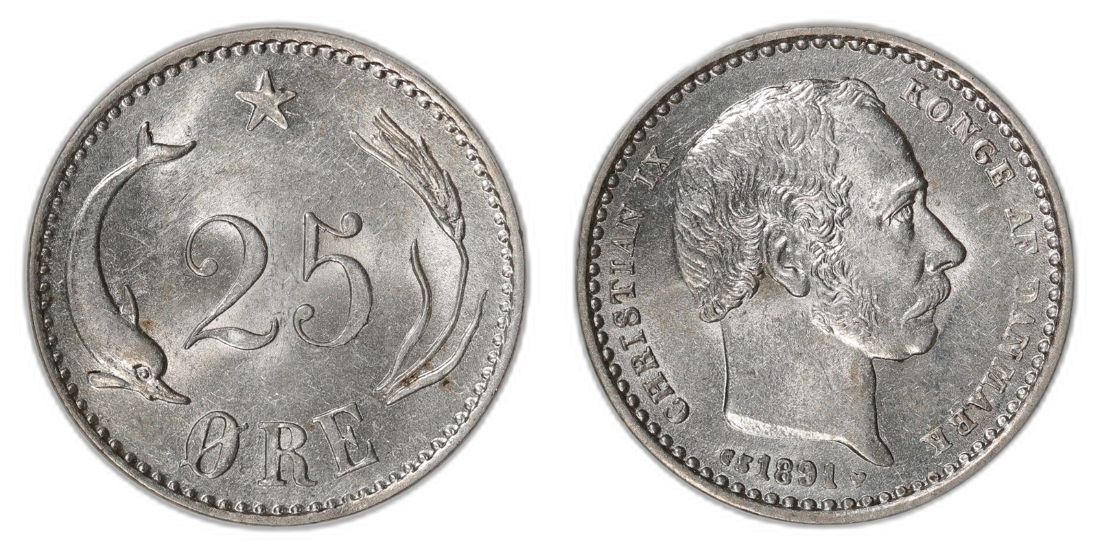 DENMARK. Christian IX. 25 Øre. 1891-CS. UNC.
