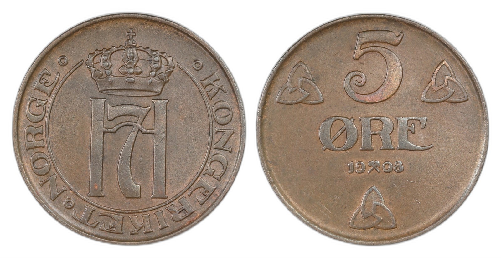 Norway. Haakon VII. 5 Øre 1908. Kv 1+/01.