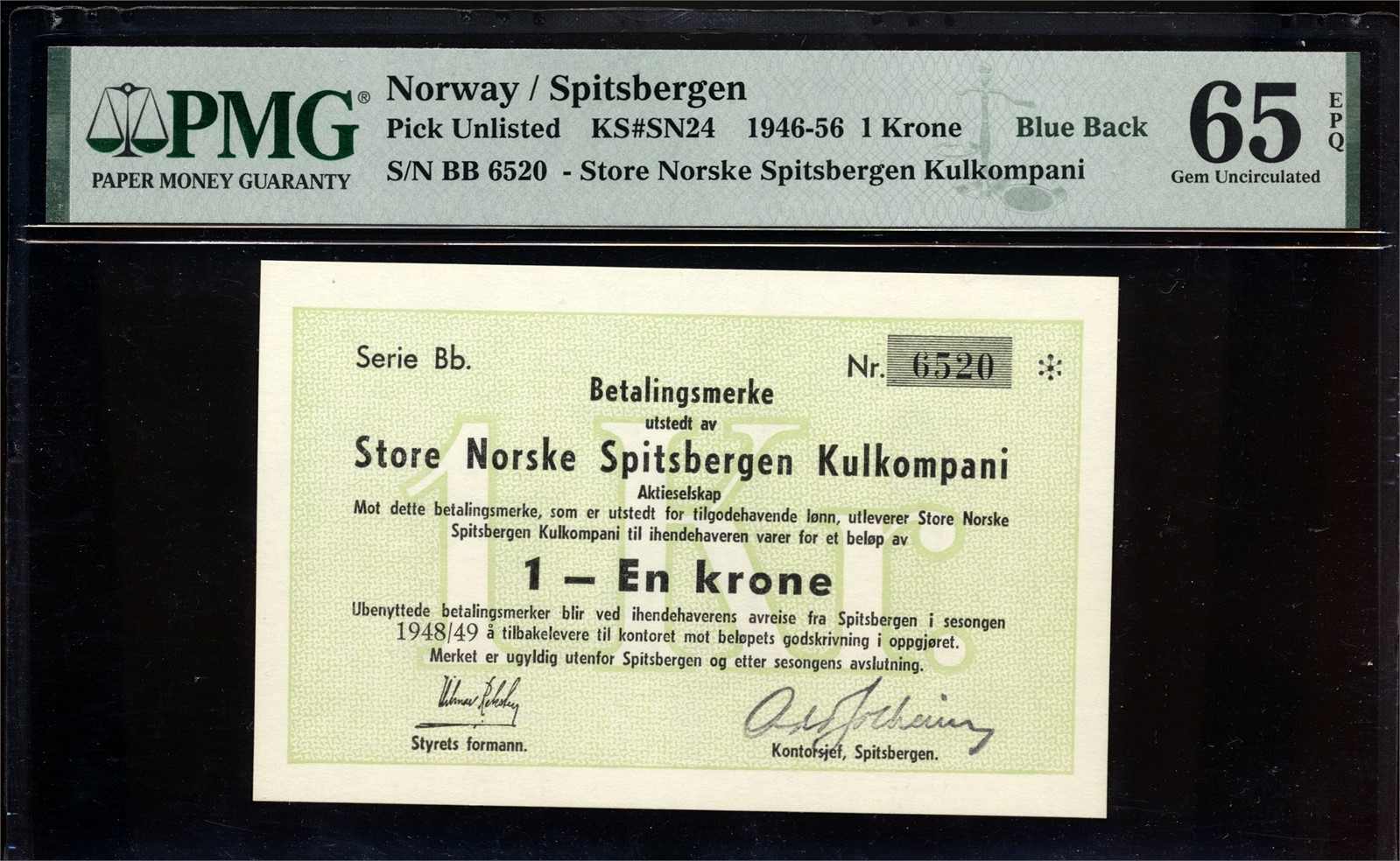 Store Norske Spitsbergen Kullkompani 1 Krone 1948/49 Bb 3300 PMG65EPQ