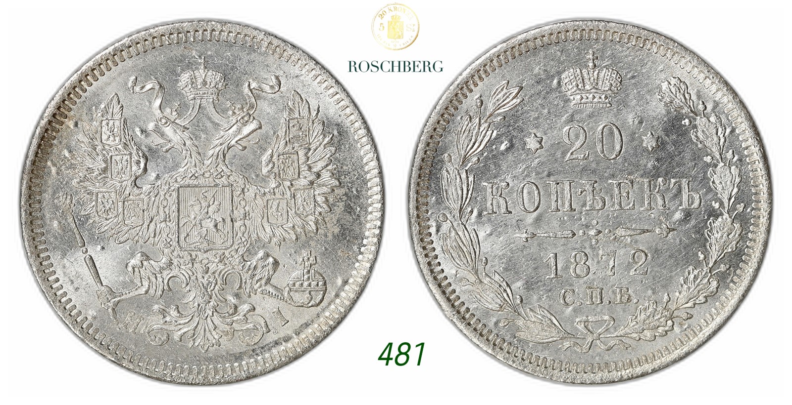 RUSSIA. Alexander II. 20 Kopecks 1872-CNB HI.