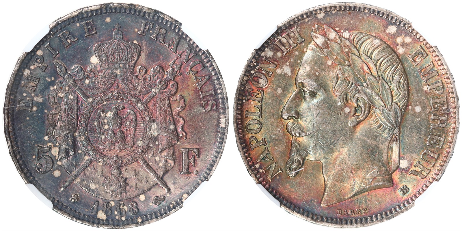 FRANCE. Napoleon III. 5 Francs. 1868-BB. AU58.