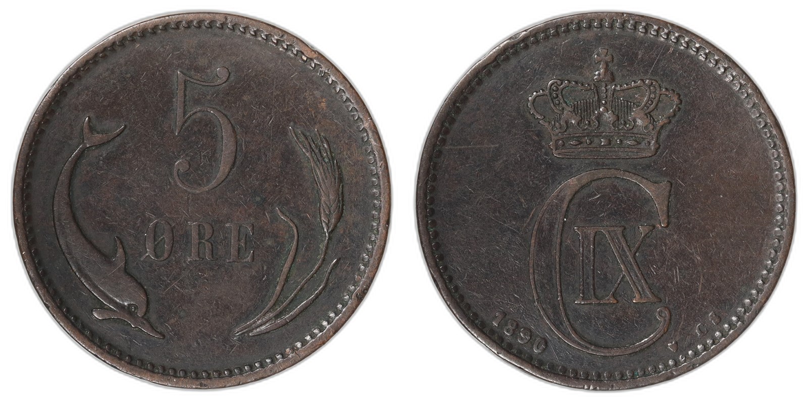 DENMARK. Christian IX. 5 Øre. 1890-CS. Kv 1+ (XF).