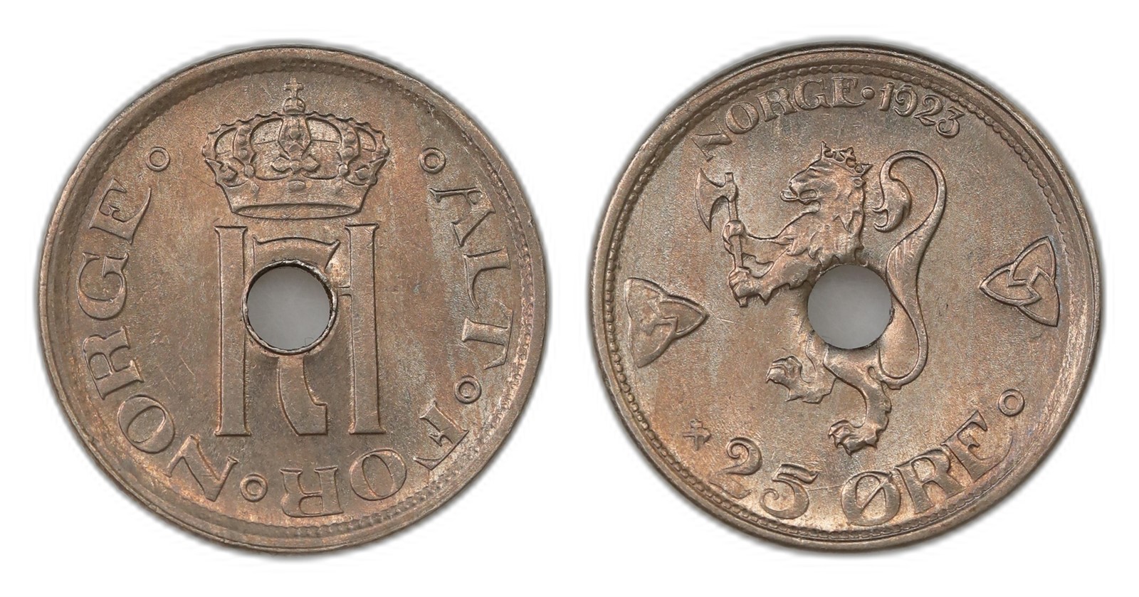 Norway. Haakon VII. 25 Øre 1923- Centre Hole. Kv 0/01.