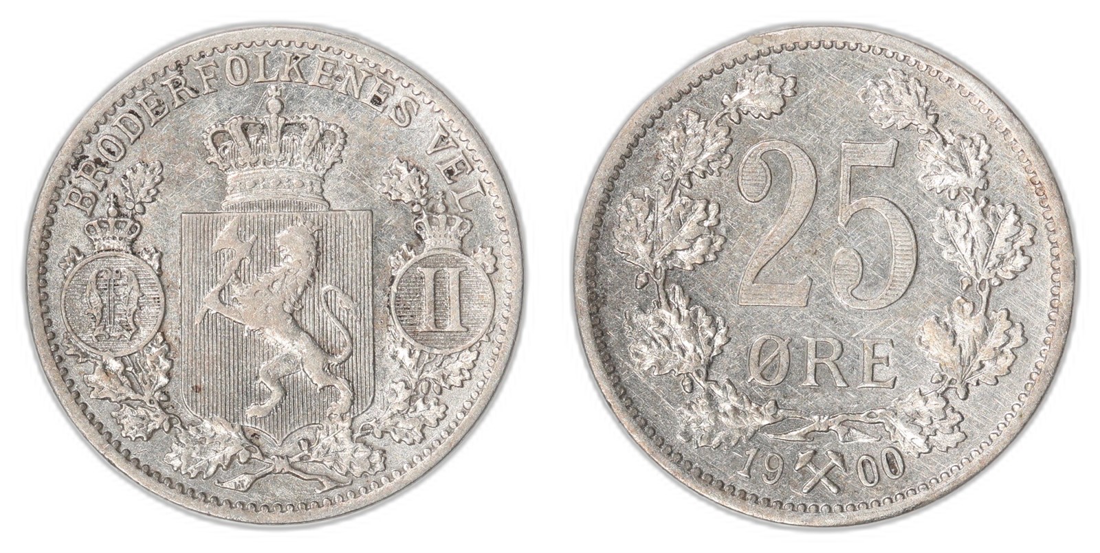 NORWAY. Oscar II. 25 Øre. 1900. Kv 1+/01 (AU).