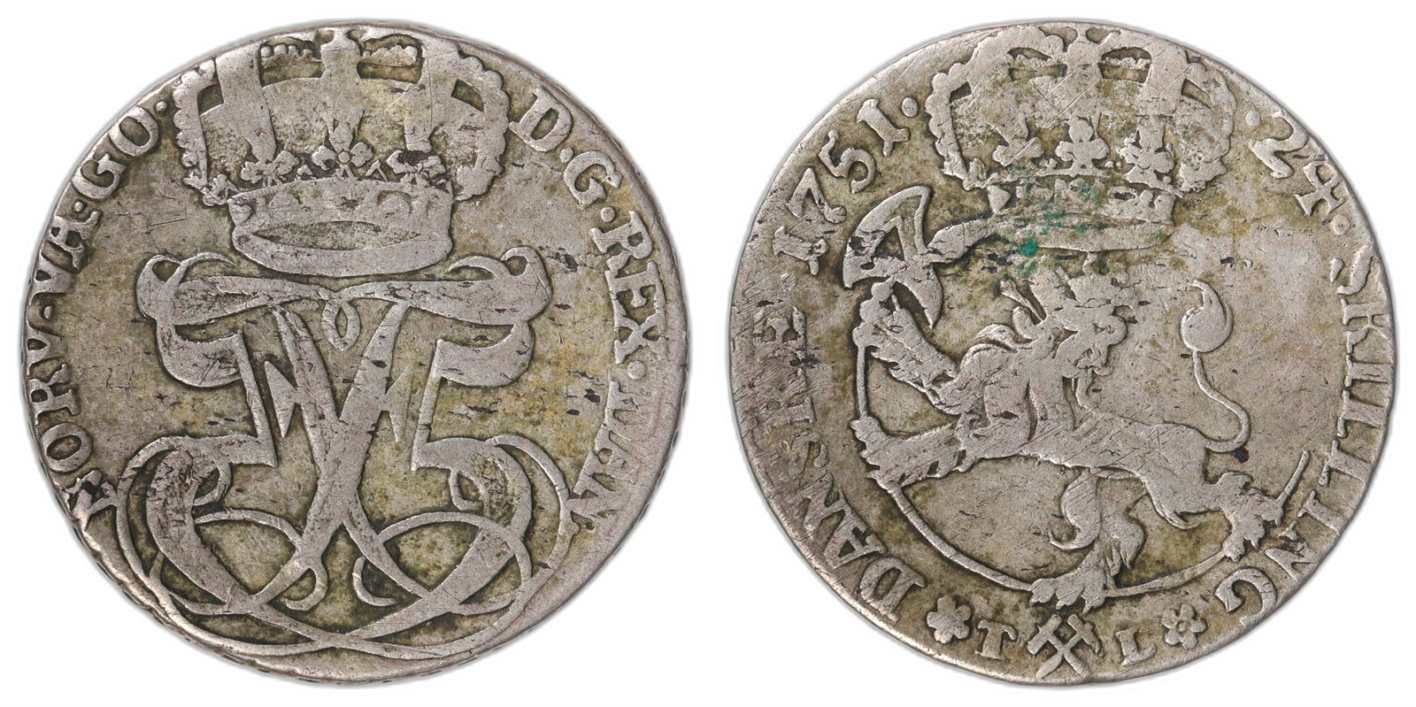 NORWAY. Frederik V. 24 Skilling. 1751. Kv 1 (VF).