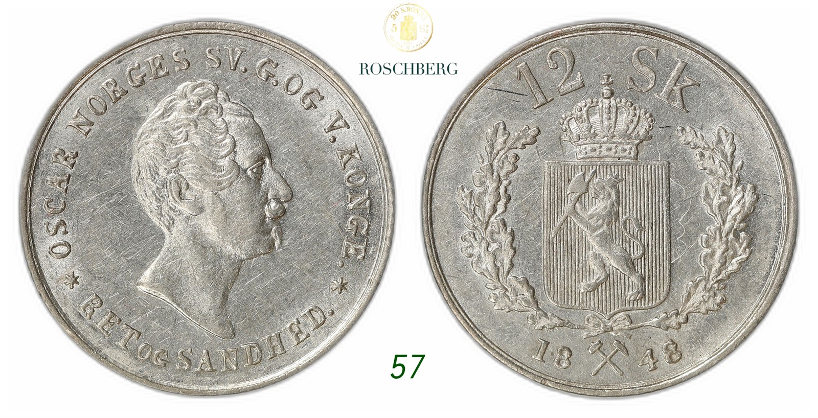 NORWAY. Oscar I. 12 Skilling 1848.