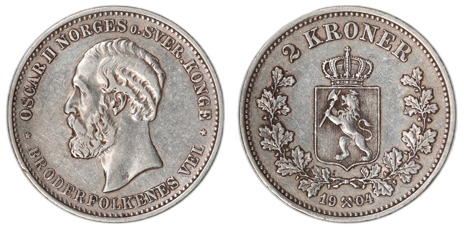 NORWAY. Oscar II. 2 Kroner. 1904. Kv 1+ (XF).