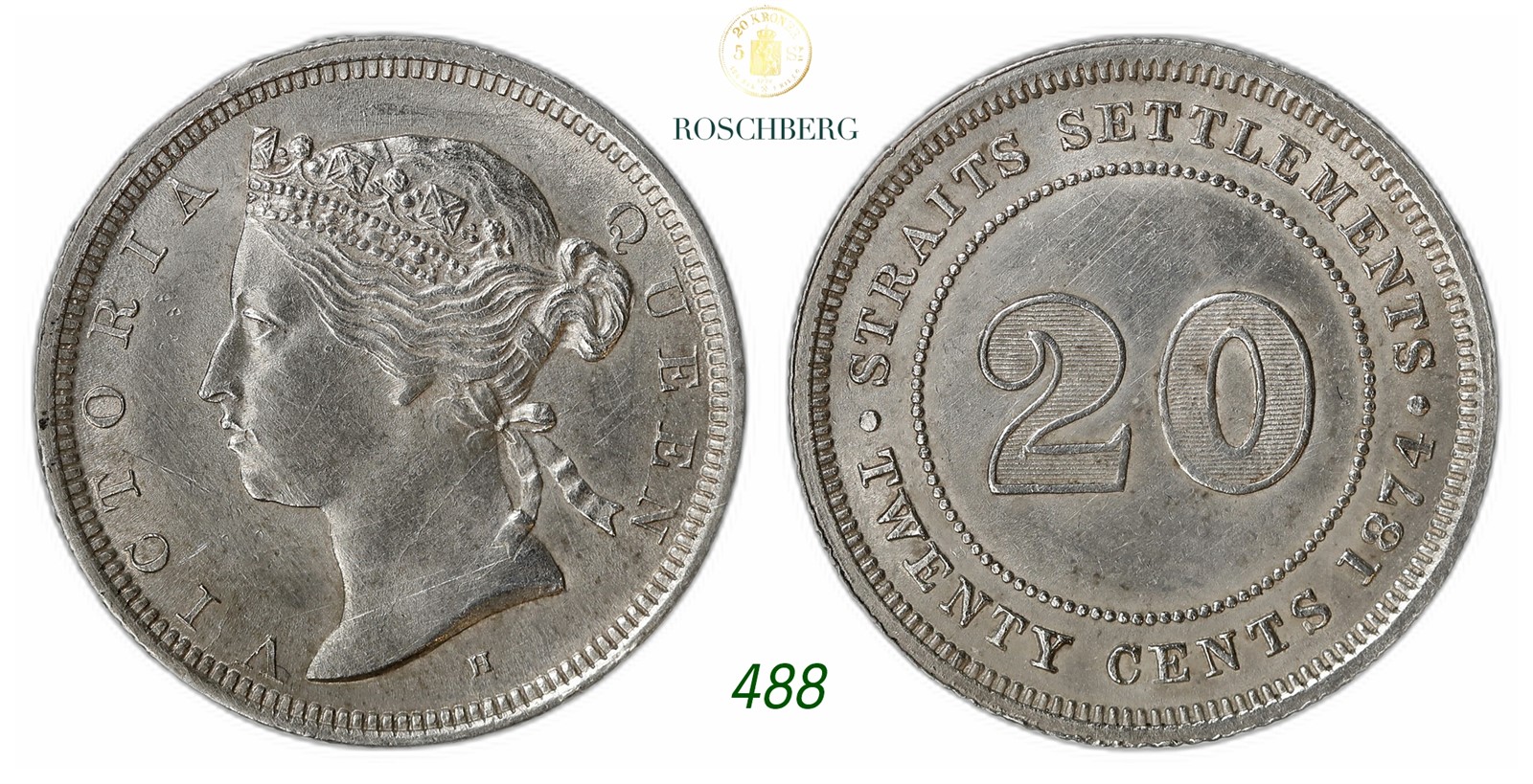 STRAITS SETTLEMENTS. Victoria. 20 Cents 1874-H.