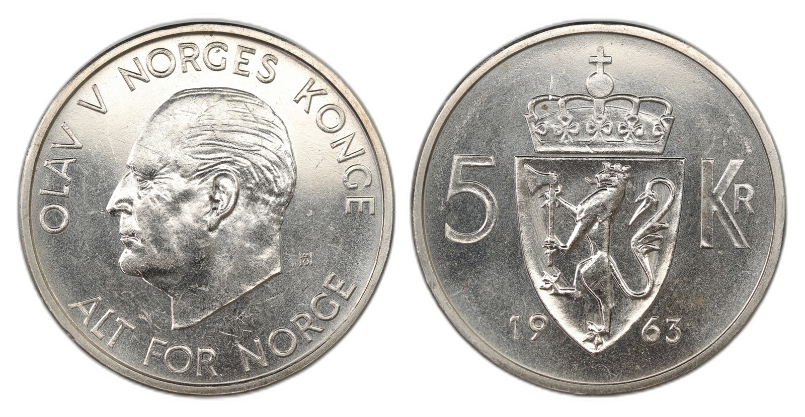Norway. Olav V. 5 Kroner 1963. Kv PRAKTEX.