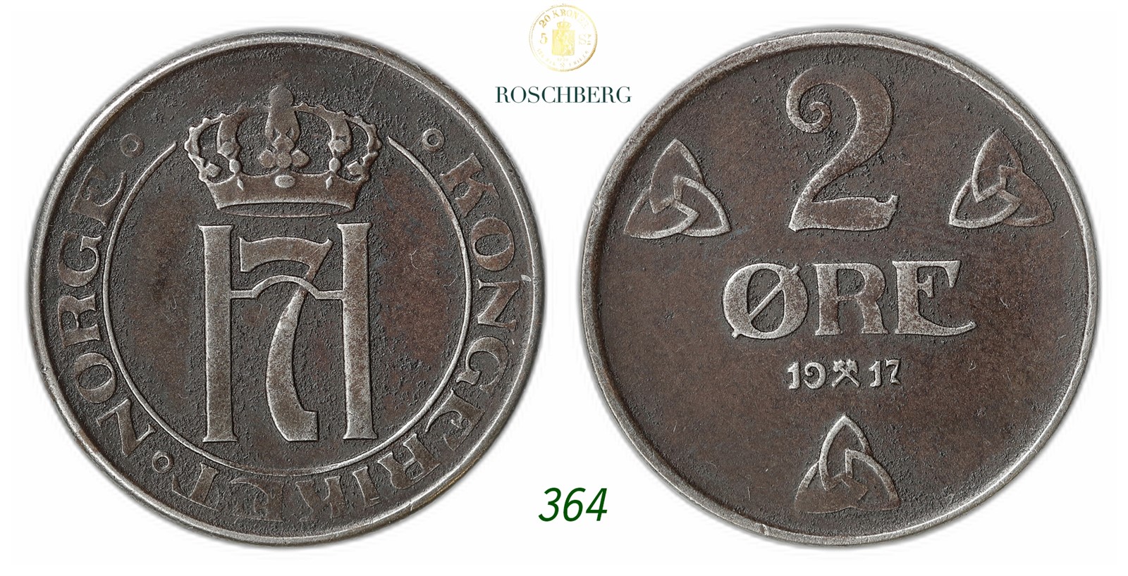 NORWAY. Haakon VII. 2 Øre 1917-Enkelt strek.