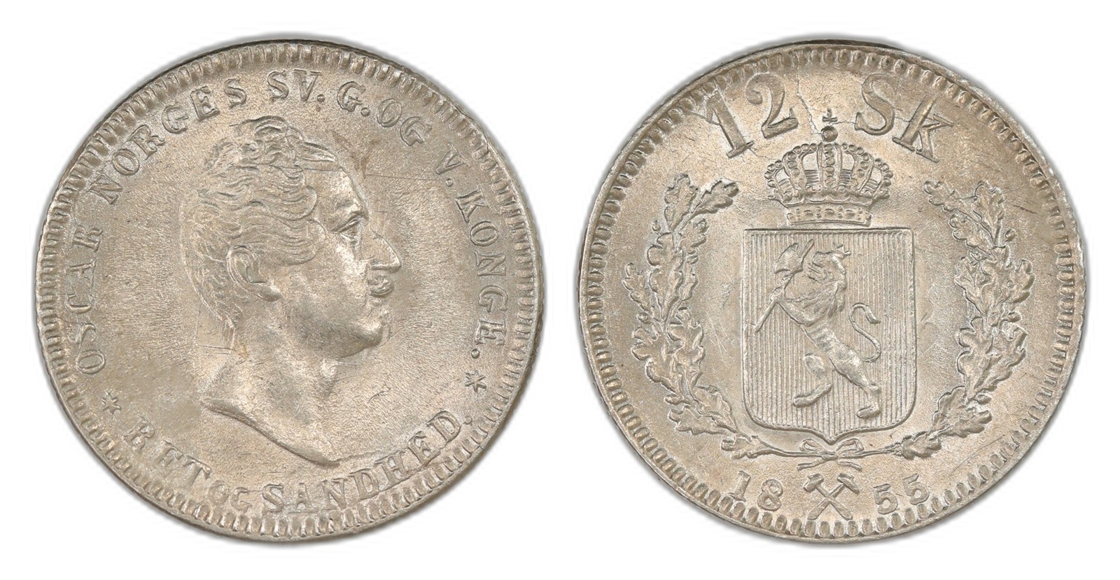 Norway. Oscar I. 12 Skilling 1855. Kv 0/01.