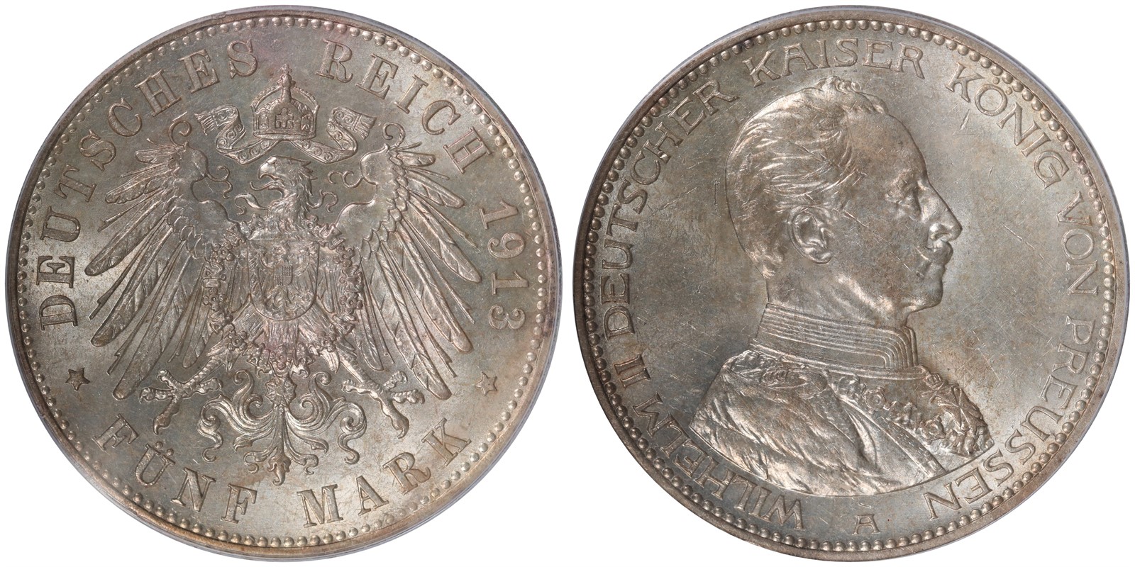 GERMANY. Wilhelm II. 5 Mark. 1913-A. AU58.