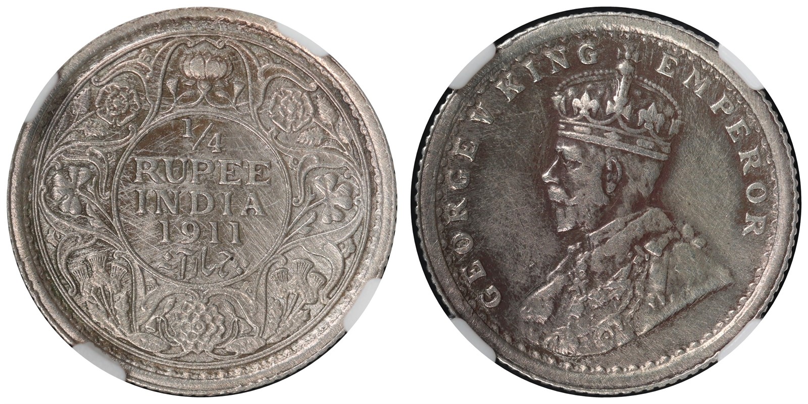 INDIA, BRITISH. George V. 1/4 Rupee. 1911-C. AU.