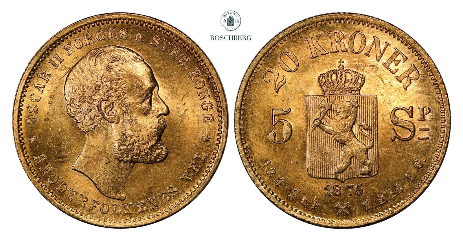 20 Kroner / 5 Sp. 1875 Kv 0/01 (UNC)