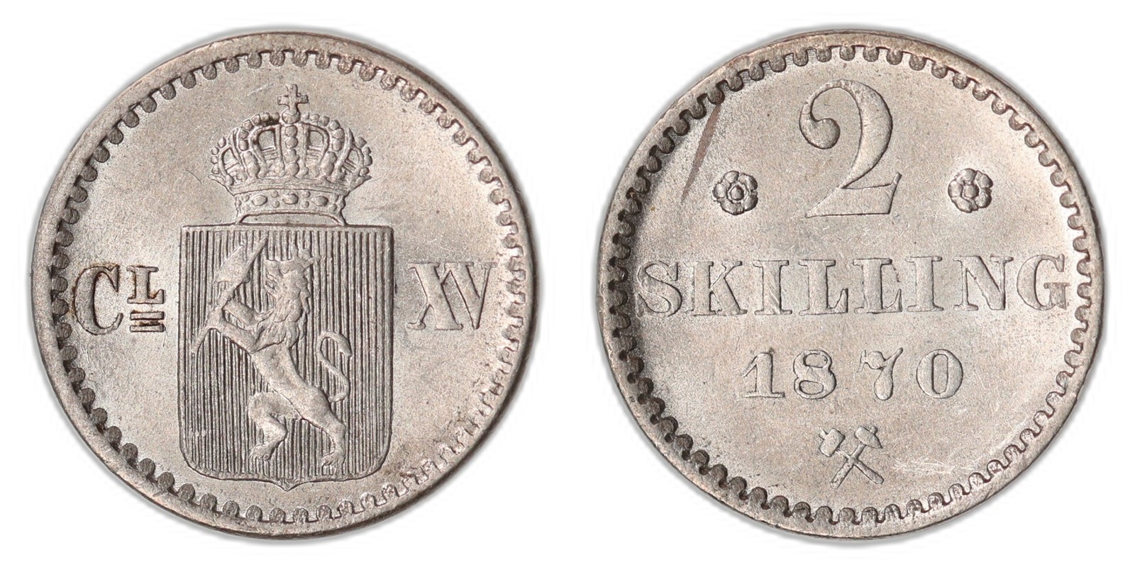 NORWAY. Carl XV. 2 Skilling. 1870. Kv 0/01 (UNC).