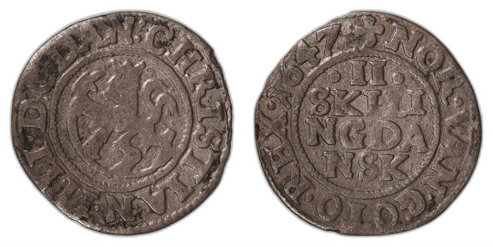 NORWAY. Christian IV. 2 Skilling. 1647. Kv 1 (VF).