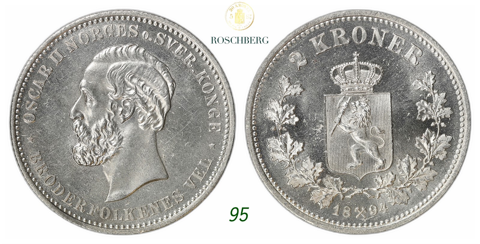NORWAY. Oscar II. 2 Kroner 1893.