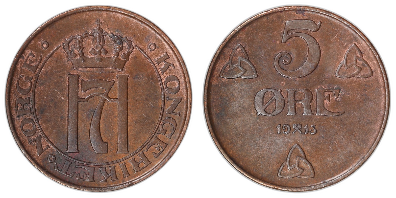 NORWAY. Haakon VII. 5 Øre 1913. Kv 01 (AU).
