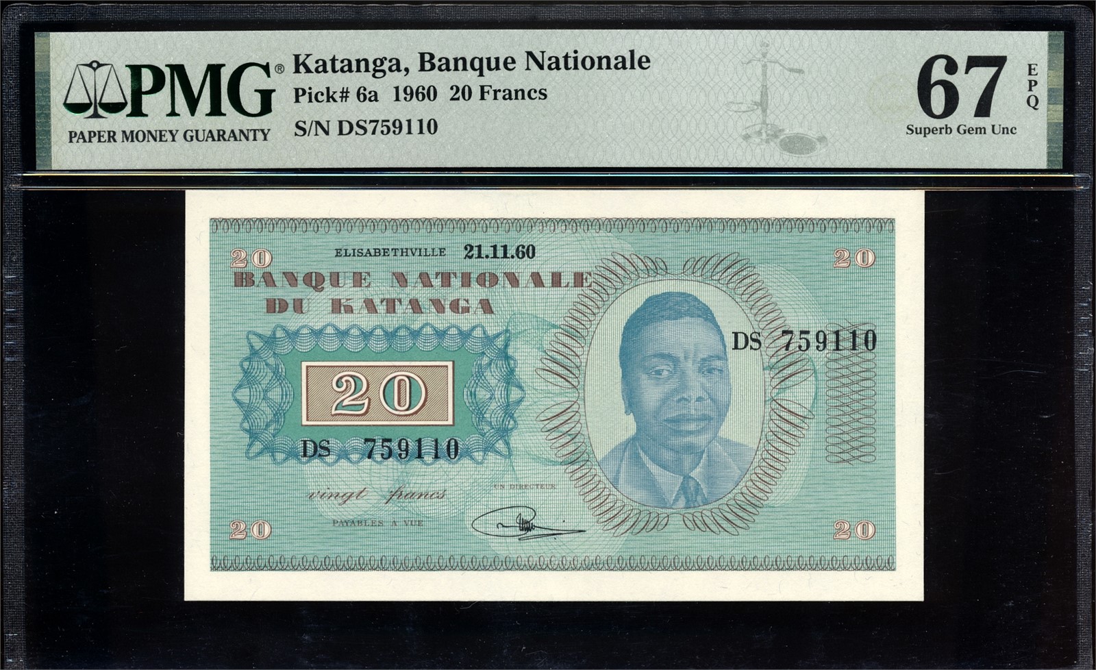 KATANGA. 20 Francs 1960 DS759110 PMG 67EPQ