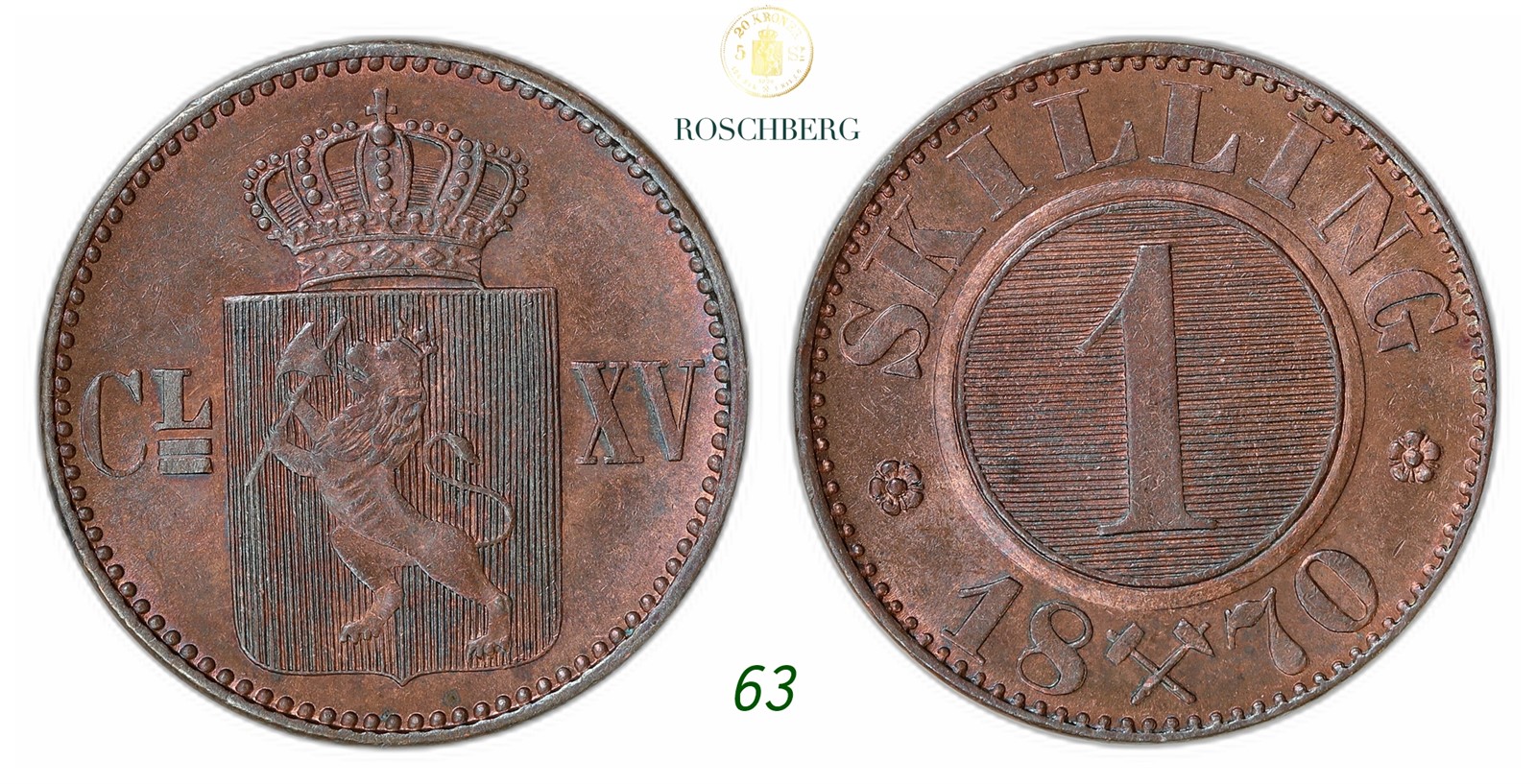 NORWAY. Carl XV. 1 Skilling 1870.