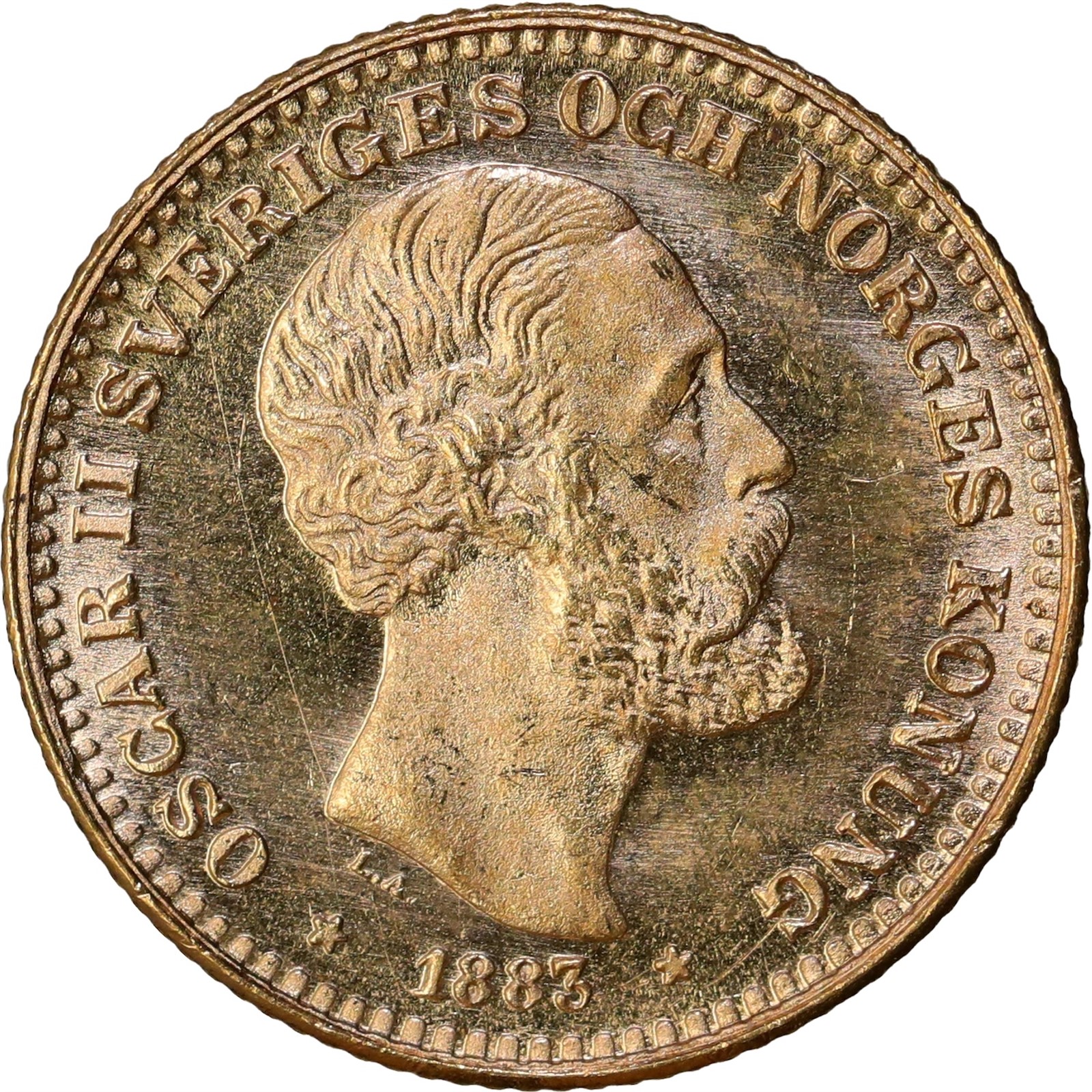 SWEDEN. Oscar II. 10 Kronor 1883 Kv 0/01 (UNC) Lite LA, stort Kors.
