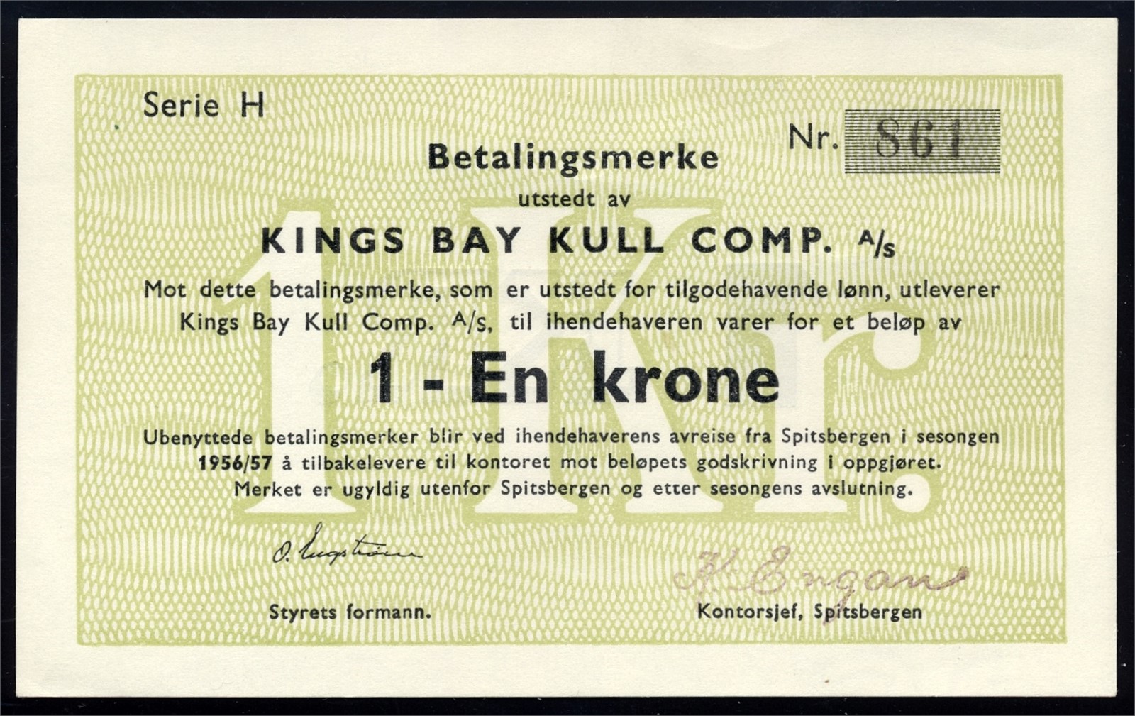 KINGS BAY. 1 Krone 1956/57 H861 Kv g01 (AU)