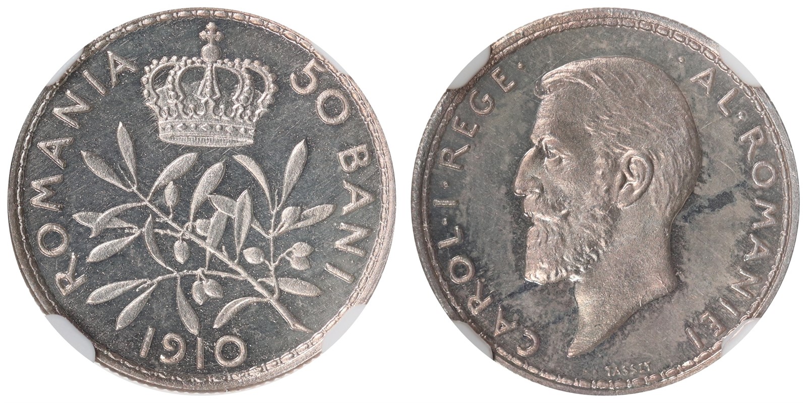ROMANIA. Carol I. 50 Bani. 1910. PF64.