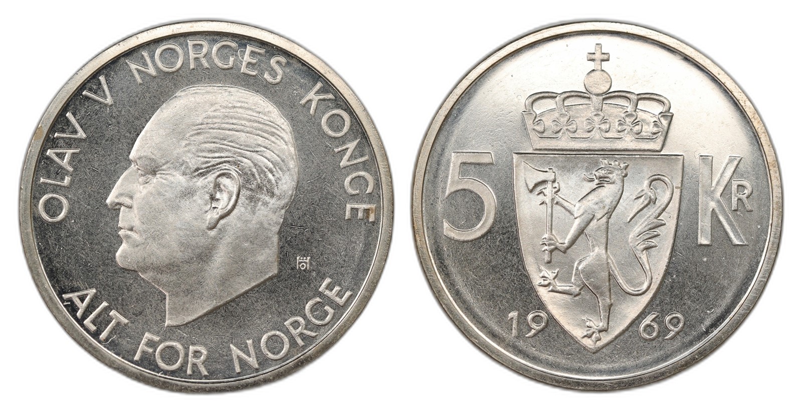 Norway. Olav V. 5 Kroner 1969. Kv PRAKTEX.